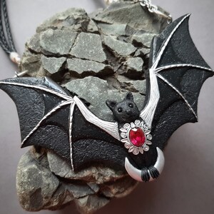 Bat necklace with crescent moon and ruby Halloween black Gothic flying bat jewelry Statement necklace for women image 8