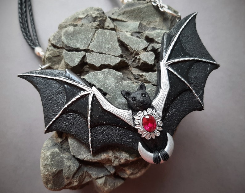 Bat necklace with crescent moon and ruby Halloween black Gothic flying bat jewelry Statement necklace for women image 8