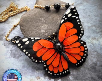 Large Monarch Butterfly Necklace: Bright Orange Black White Statement Onyx Jewelry Fest