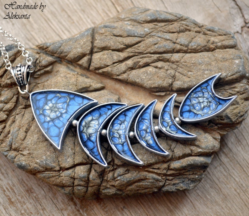 Celestial fish pendant necklace Dark blue and silver statement jewelry Mother gift for her Unique nautical necklace Something blue