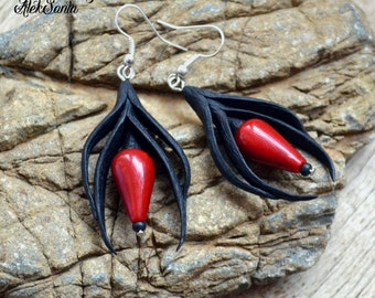 Mother day gift Long dangle earrings Statement jewelry Red Black earrings Polymer clay jewelry Unique Unusual earrings Drop earrings