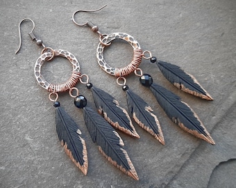 Black Feather & Copper Witch Gothic Long Earrings - Statement Halloween Jewelry Gift