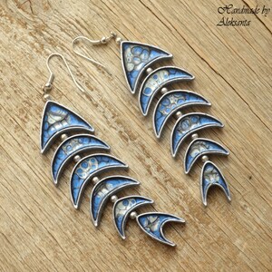 Dark blue and silver fish earrings Celestial Statement jewelry for women Nautical earrings Polymer clay jewelry gift Zodiac jewelry Pisces image 9