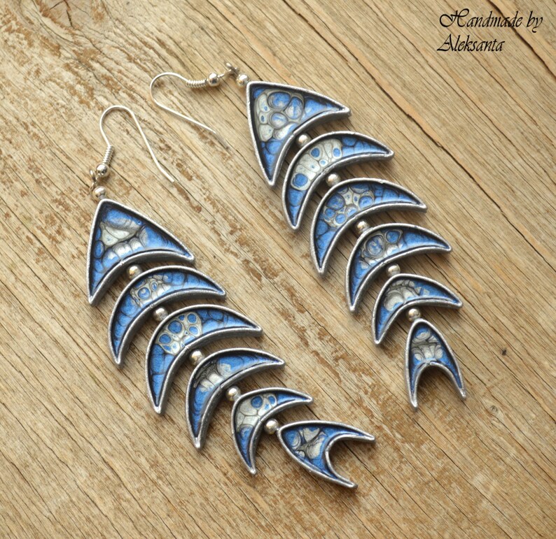 Dark blue and silver fish earrings Celestial Statement jewelry for women Nautical earrings Polymer clay jewelry gift Zodiac jewelry Pisces image 9