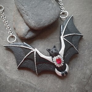 Bat necklace with crescent moon and ruby Halloween black Gothic flying bat jewelry Statement necklace for women image 9