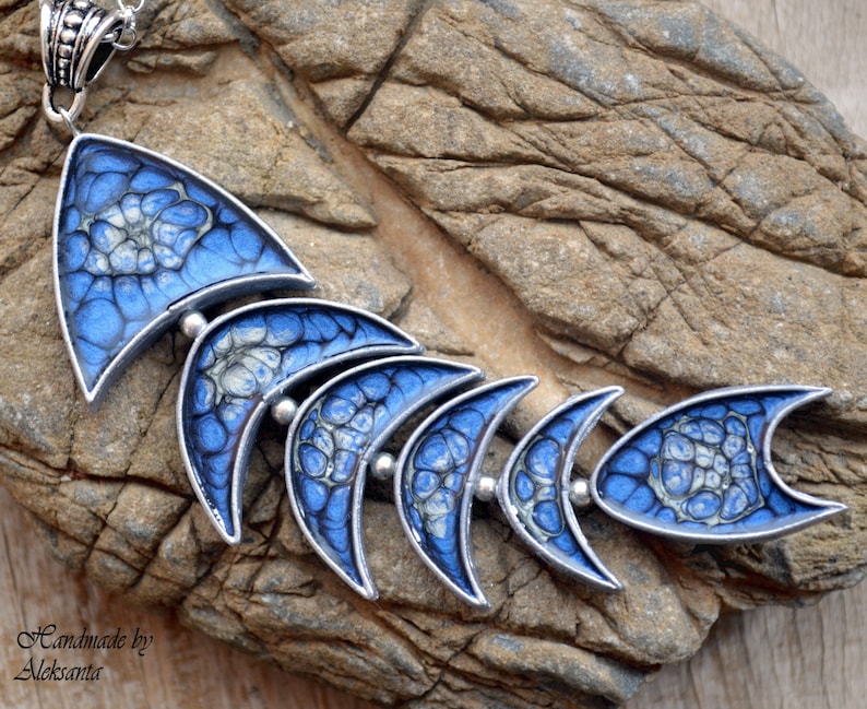 Celestial fish pendant necklace Dark blue and silver statement jewelry Mother gift for her Unique nautical necklace Something blue