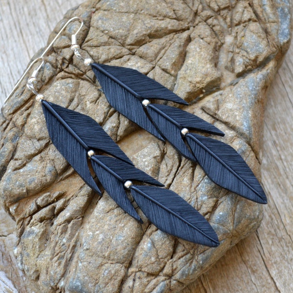 Black Long dangle earrings Raven feather jewelry Statement earrings Gothic jewelry Gift for her Polymer clay jewelry for women Halloween