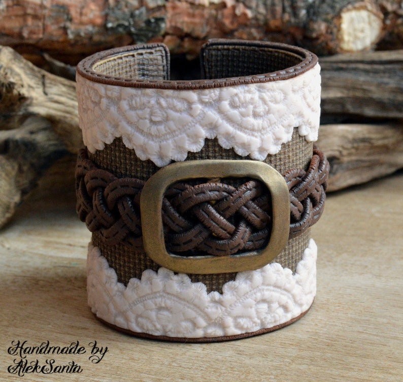 Boho bracelet Rustic cuff Boho jewelry Boho cuff Rustic bracelet Wide bracelet Country bracelet Beige bracelet Brown bracelet Lace image 4