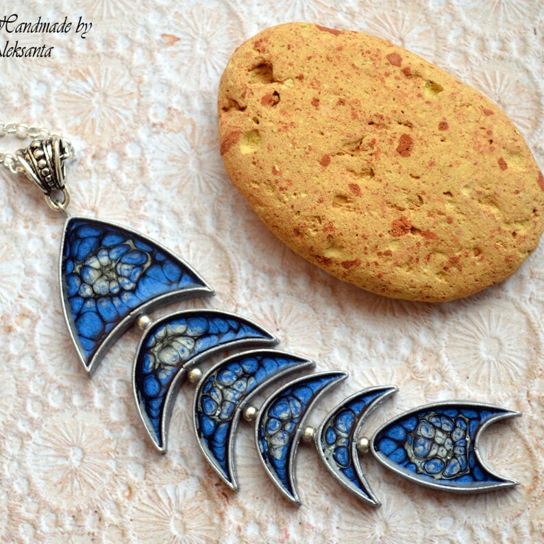 Celestial fish pendant necklace Dark blue and silver statement jewelry Mother gift for her Unique nautical necklace Something blue