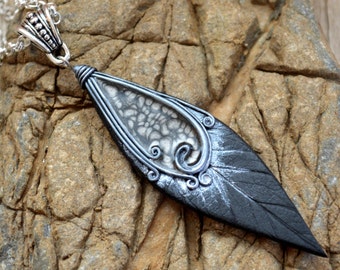 Black and silver leaf pendant necklace Statement polymer clay jewelry Unique unusual necklace Fashion jewelry gift Nature botanical necklace