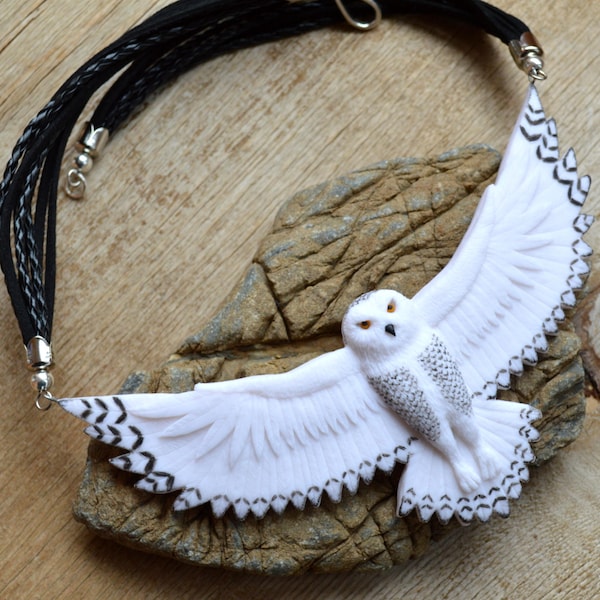 White Snowy Owl Bib Necklace - Statement Fairytale Polymer Clay Animal Jewelry, Bird Lover Gift