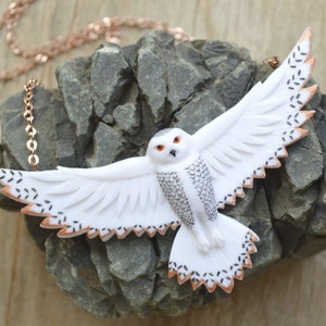 White snowy owl necklace Spiritual totem animal jewelry Bird lover gift for women Polymer clay necklace Whimsical fantasy flying creature
