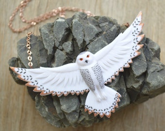 White snowy owl necklace Spiritual totem animal jewelry Bird lover gift for women Polymer clay necklace Whimsical fantasy flying creature