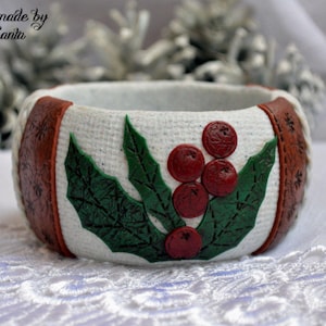 Christmas holly bangle bracelet Polymer clay off white, green and red statement winter jewelry New year Xmas gift for her image 1