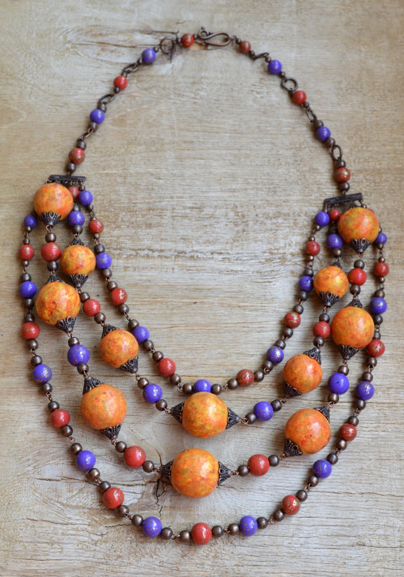 Layered boho necklace Burnt orange multistrand necklace Clothing gift Long fall necklace Polymer clay jewelry Boho chic jewelry image 4