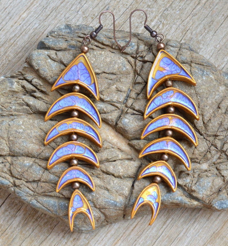 Purple and gold fish earrings Polymer clay jewelry for women Long Dangle earrings Celestial Statement jewelry gift Unique unusual earrings image 3