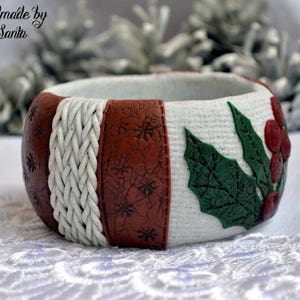 Christmas holly bangle bracelet Polymer clay off white, green and red statement winter jewelry New year Xmas gift for her image 3