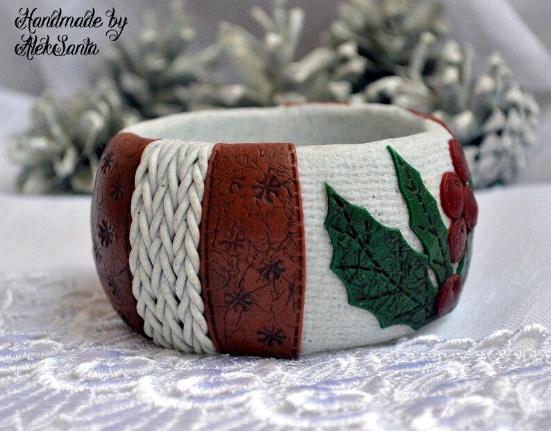 Christmas holly bangle bracelet Polymer clay off white, green and red statement winter jewelry New year Xmas gift for her image 3