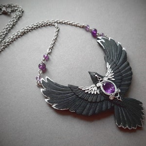 Black raven crow necklace Amethyst flying bird necklace Halloween Gothic statement jewelry for women image 3