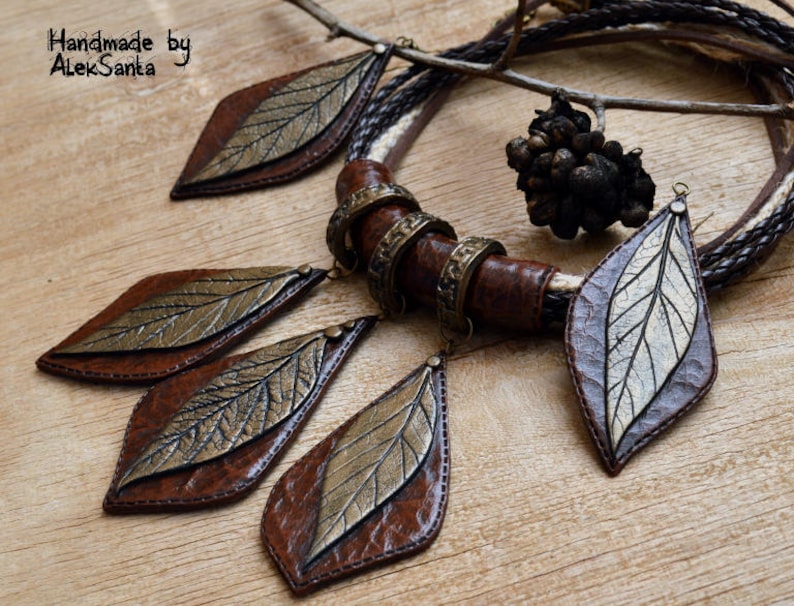 Statement jewelry set Necklace and earings Polymer clay jewelry for women Brown jewelry Earth tone Autumn leaves Autumn jewelry Fall leaves image 10