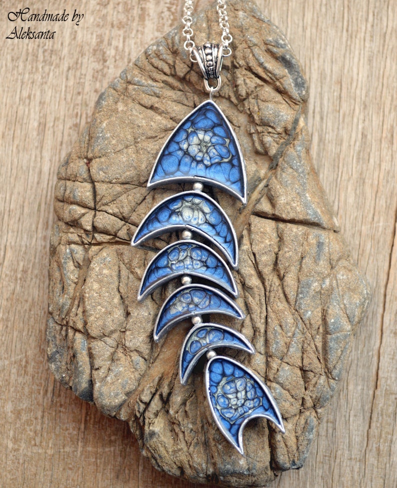 Celestial fish pendant necklace Dark blue and silver statement jewelry Mother gift for her Unique nautical necklace Something blue