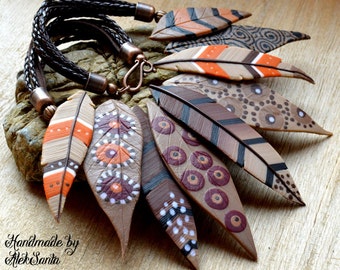 Statement bib necklace Brown Polymer Southwestern jewelry Feather necklace Autumn necklace Earth tone Leaf necklace Inspirational