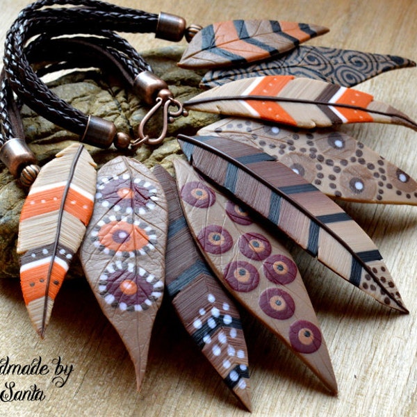 Statement bib necklace Brown Polymer Southwestern jewelry Feather necklace Autumn necklace Earth tone Leaf necklace Inspirational