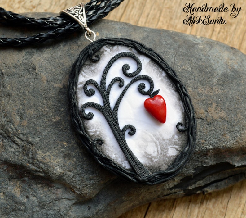 Mothers day gift for mom Black and white necklace Tree necklace Tree jewelry Fantasy necklace Unusual necklace Unusual jewelry Polymer clay image 1