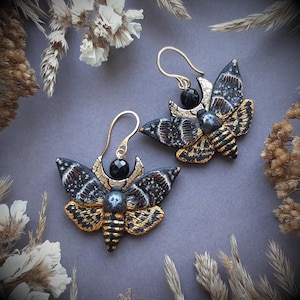 Death&#39;s head hawkmoth earrings Moth and Moon Gothic jewelry Halloween creepy witch earrings