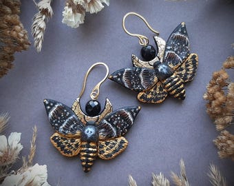 Death&#39;s head hawkmoth earrings Moth and Moon Gothic jewelry Halloween creepy witch earrings