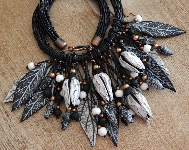 Statement necklace Boho wedding jewelry Black and white jewelry Chunky necklace Polymer clay jewelry for women Gift for her Fashion necklace image 1