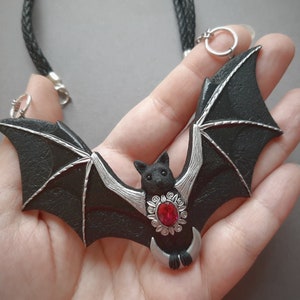 Bat necklace with crescent moon and ruby Halloween black Gothic flying bat jewelry Statement necklace for women image 4