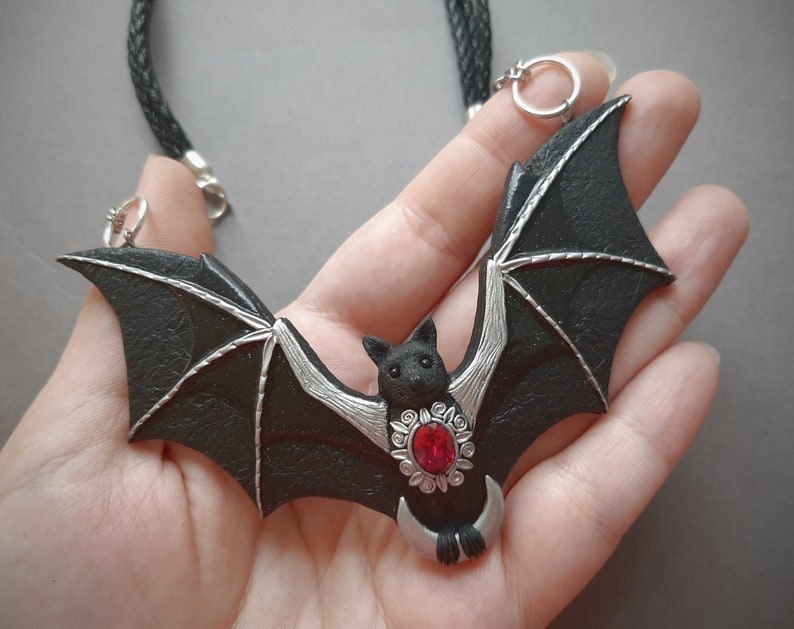 Bat necklace with crescent moon and ruby Halloween black Gothic flying bat jewelry Statement necklace for women image 4