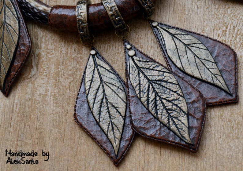 Statement jewelry set Necklace and earings Polymer clay jewelry for women Brown jewelry Earth tone Autumn leaves Autumn jewelry Fall leaves image 7