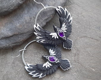 Raven earrings Black fantasy crow jewelry with amethyst
