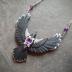 Black raven crow necklace Amethyst flying bird necklace Halloween Gothic statement jewelry for women image 10