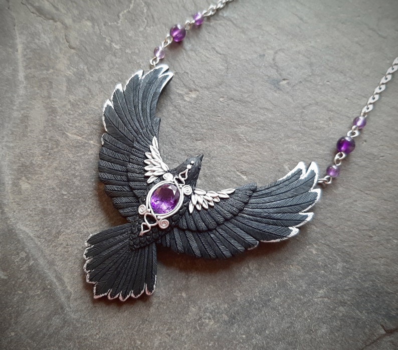 Black raven crow necklace Amethyst flying bird necklace Halloween Gothic statement jewelry for women image 10