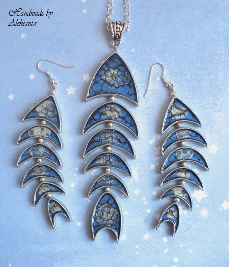 Celestial fish pendant necklace Dark blue and silver statement jewelry Mother gift for her Unique nautical necklace Something blue