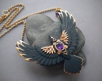 Black Raven necklace - Fantasy bird jewelry with amethyst