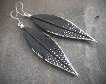 Black raven crow blackbird feather earrings Long statement polymer clay jewelry for women Gothic Halloween earrings