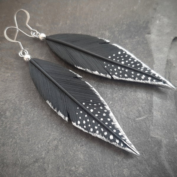 Black raven crow blackbird feather earrings Long statement polymer clay jewelry for women Gothic Halloween earrings