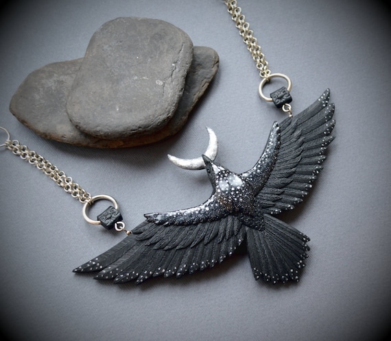 Charm Crescent Moon Poes Raven Pendant Raven Necklace Poe Nevermore Goth Jewelry Literary Retractable Badge Reel with Waterproof ID Holders /& Keychain