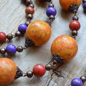 Layered boho necklace Burnt orange multistrand necklace Clothing gift Long fall necklace Polymer clay jewelry Boho chic jewelry zdjęcie 6