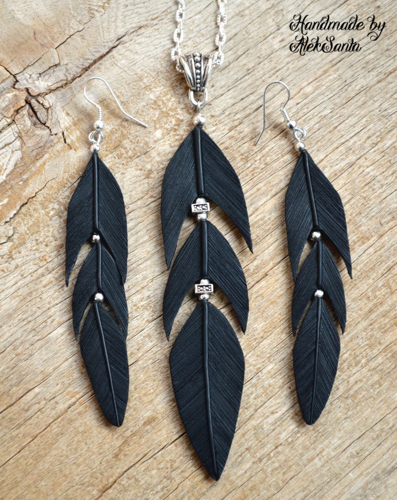 Black Gothic jewelry set of feather necklace and Long dangle earrings Halloween accessories Raven jewelry Feather jewelry Statement earrings image 3