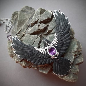 Black raven crow necklace Amethyst flying bird necklace Halloween Gothic statement jewelry for women image 8