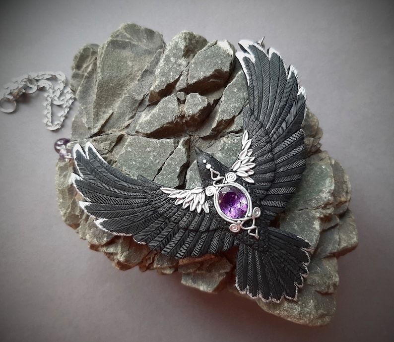 Black raven crow necklace Amethyst flying bird necklace Halloween Gothic statement jewelry for women image 8
