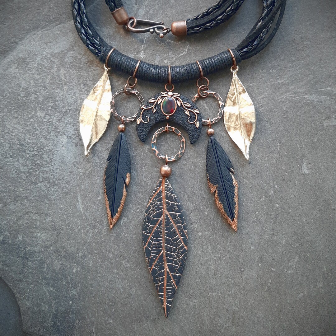 Black Moon Opal Witch Necklace With Feathers and Leaves: Pagan ...