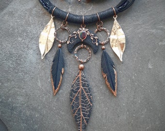 Black Moon opal witch necklace with feathers and leaves Pagan statement necklace Gothic Halloween jewelry