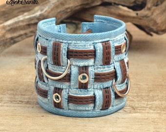 Boho bracelet Cuff bracelet denim bracelet Hippie bracelet Light blue bracelet Chunky bracelet Everyday bracelet Polymer clay jewelry