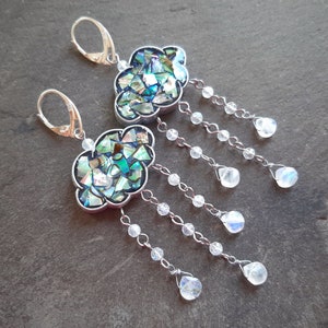 May include: A pair of silver dangle earrings with a cloud-shaped abalone shell design and iridescent moonstone drops.